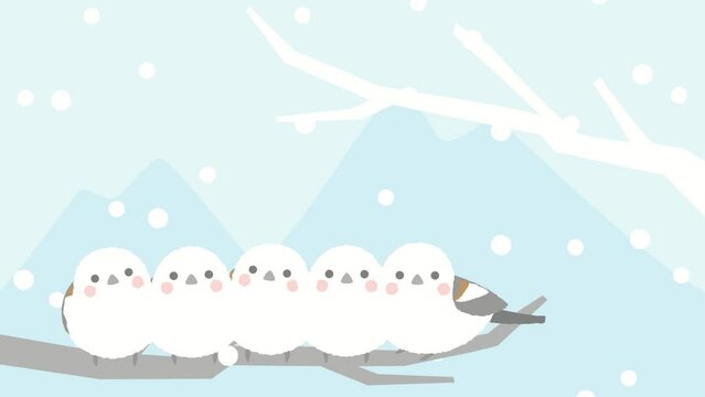 可愛い5匹のシマエナガと雪の冬のアニメーション動画