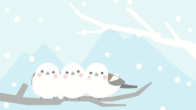 可愛い3匹のシマエナガと雪の冬のアニメーション動画