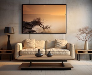 A cozy living room filled with eclectic furniture and vibrant art, showcasing a stunning painting hanging above a plush couch and loveseat adorned with decorative vases and pillows, all resting on a 