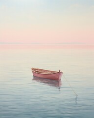 A solitary boat glides gracefully through the calm waters, its reflection shimmering in the soft light of a vibrant sunset, a symbol of freedom and adventure on the vast expanse of the ocean