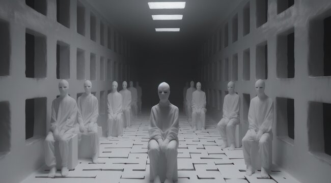 The eerie stillness of a group of masked figures, surrounded by intricate statues and vibrant works of art, evokes a sense of mystery and intrigue in a white-walled room