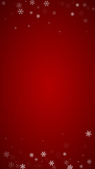 Magic falling snow christmas background. Subtle flying snow flakes and stars on christmas red background. Magic falling snow holiday scenery.   Vertical vector illustration.