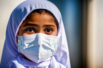 Fototapeta na wymiar A muslim girl wearing protective mask. COVID 19. Mask-Wearing with Confidence. Generative AI