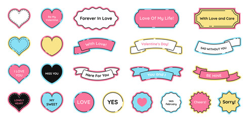 Valentine's Day cute sticker pack with heart symbols and different round and wavy badges. Labels with short cheerful phrases. Vector illustration.