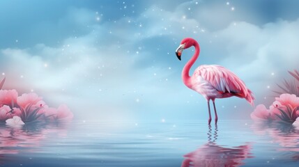 A pink flamingo stands in water with reflection of a blue sky with sparkles. Banner with copy space