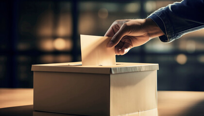 hand with ballot box on the table - obrazy, fototapety, plakaty