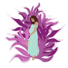 pregnant dark-haired fair-skinned girl in long mint dress on the background of purple leaves