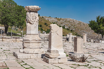 Fototapeta na wymiar Remains of honorary monuments at Upper Agora in ancient city of Sagalassos. Aglasun, Budur, Turkey
