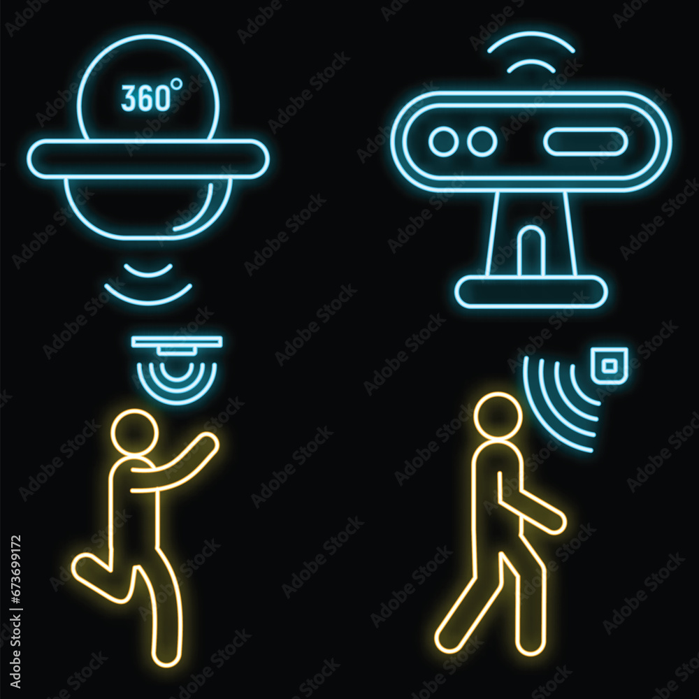 Poster motion sensor detector icons set. outline set of motion sensor detector vector icons neon color on b