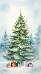 watercolor, christmas, december, costume, merry, present, new year, christmas tree, scenery
