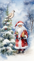 Obraz premium santa, claus, hat, celebration, holiday, watercolor, christmas, december, costume, merry, present, new year