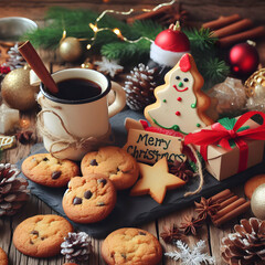 Obraz na płótnie Canvas Merry Christmas with Cookies and Coffee on Wood Table Background