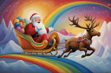 Fototapeta premium Digital Illustration of Santa Claus on Santa's sleigh decorated in rainbow colors flies through a surreal, dreamlike landscape, spreading joy and diversity. Generative Ai