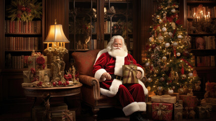 Santa Claus reading holiday stories to captivated children in a cozy study with towering bookshelves