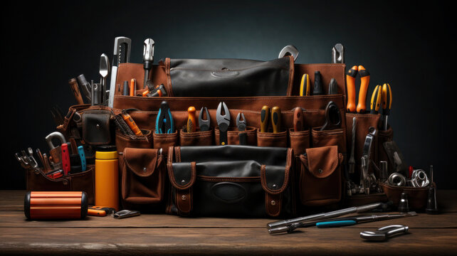 Leather tool bag with many pockets and compartments on a table of manual worker