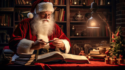 Santa Claus surrounded by stacks of holiday books reading aloud in a cozy softly lit room - obrazy, fototapety, plakaty
