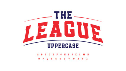 Sport league typography alphabet. Original font with uppercase letters and numbers. Vintage athletic style typeface. Vector illustration.