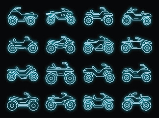 Sport quad bike icons set. Outline set of sport quad bike vector icons neon color on black