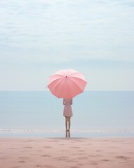 A lone figure stands on the sandy shore, her pink umbrella shielding her from the vast expanse of the blue sky and shimmering sea, creating a peaceful oasis amidst the chaotic beauty of the outdoors