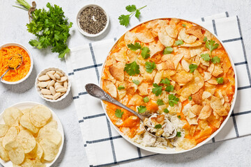 creamy cheesy chicken almond casserole, top view