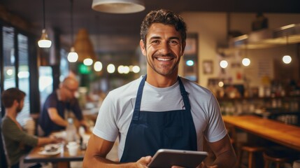 Restaurant entrepreneur with tablet, leaning on door and open to customers portrait. Owner, manager or employee of a startup fast food store, cafe or coffee shop business standing happy with a smile