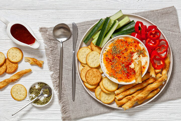 Hot Pepper Jelly Cheese Dip with crackers, veggies