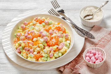 Ambrosia Salad in white bowl, top view
