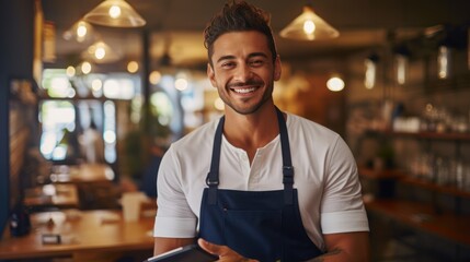 Restaurant entrepreneur with tablet, leaning on door and open to customers portrait. Owner, manager or employee of a startup fast food store, cafe or coffee shop business standing happy with a smile