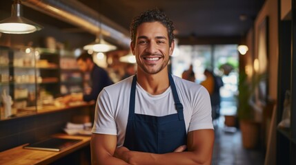 Restaurant entrepreneur with tablet, leaning on door and open to customers portrait. Owner, manager or employee of a startup fast food store, cafe or coffee shop business standing happy with a smile