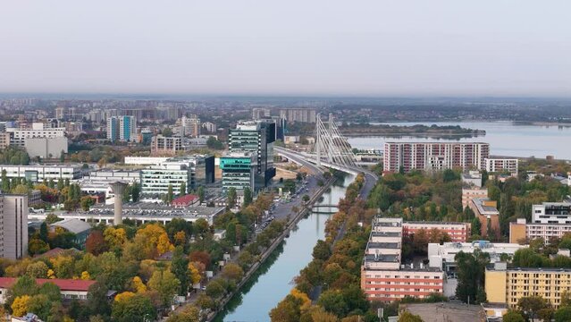 Drone View Over Ciurel Bridge And Lacul Morii In Bucharest, Romania