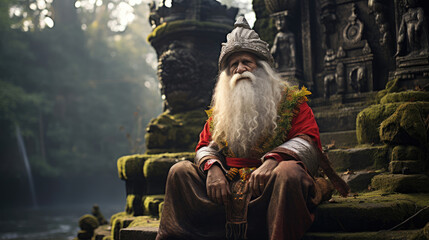 Santa Claus in tribal attire on ancient stone temple