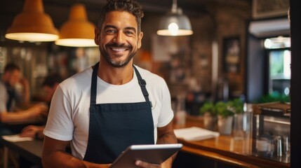 Obraz premium Restaurant entrepreneur with tablet, leaning on door and open to customers portrait. Owner, manager or employee of a startup fast food store, cafe or coffee shop business standing happy with a smile