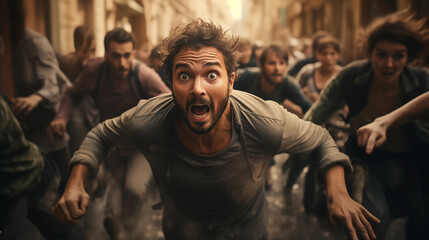 Obraz premium Man running in panic on the street. Generative Ai
