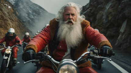 Fototapeta na wymiar Santa on a roaring motorcycle leads a pack through mountain roads embodying adventure
