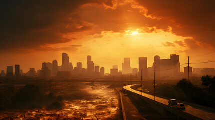 Fototapeta premium A shot of a city skyline during a sweltering heatwave, highlighting the dangers of extreme temperatures and heat-related illnesses.