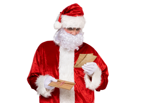 PNG Santa Claus reading a letter isolated on white background.