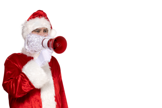 PNG, Santa Claus making an announcement in a megaphone, isolated on a white background.