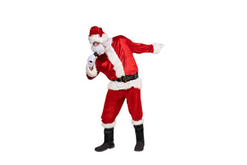 PNG Santa Claus singing into a microphone, isolated on white background.