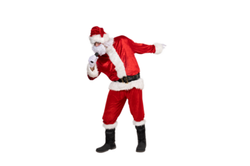 PNG Santa Claus singing into a microphone, isolated on white background.