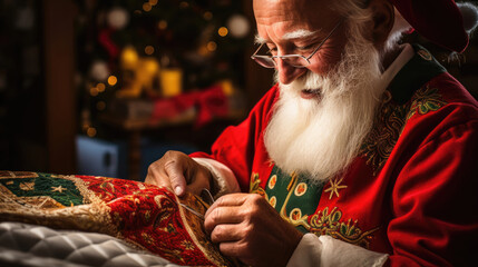 Santa trims edges of handmade stocking stitching on intricate patterns with golden thread - obrazy, fototapety, plakaty