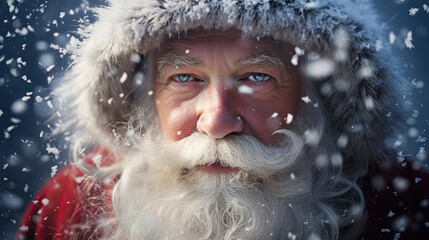 Santa crafts delicate snowflake from crystal-clear ice reflecting light of snowy landscape