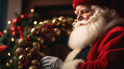 Santa adjusting a ribbon on a wreath adorned with sparkling ornaments for holiday cheer
