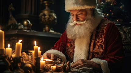Santa delicately arranging candles on a mantle adorned with holly and pine cones