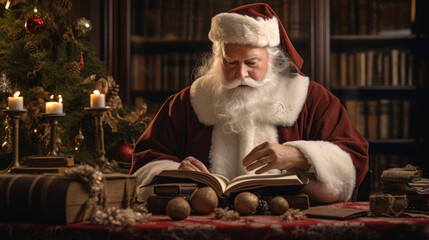 Santa arranges cherished holiday books filling the room with magic