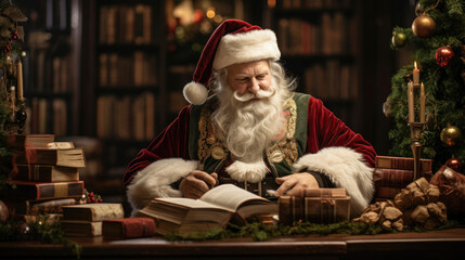 Santa arranges cherished holiday books filling the room with magic - obrazy, fototapety, plakaty