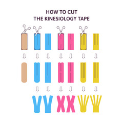 How to cut the kinesiology tape. Therapeutic tape cutting scheme. Eps 10 vector illustration isolated on the white background