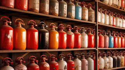 LPG Gas cylinders for home distribution kept in warehouse