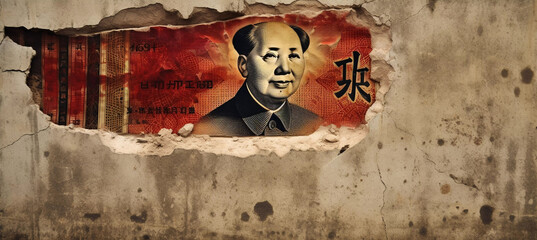 The concept of the Chinese economic crisis and recession tied to the real estate market crisis, with the image of Mao Zedong from the 100 yuan banknote on a crumbling wall. - obrazy, fototapety, plakaty