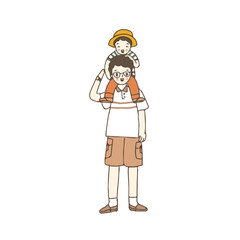 Happy son rides on his father's shoulders, hand drawn style vector illustration
