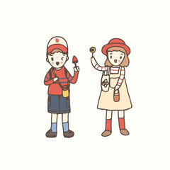 Little boy and girl ready to travel, hand drawn style vector illustration